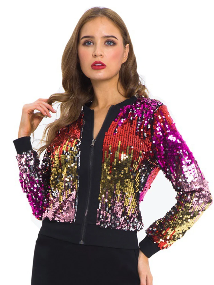 

Shinny Sequin Gradient Blazer Woman Colorful Sparkling Short Jackets Women With Zipper Slim Streetwear Party Coat Fall Spring