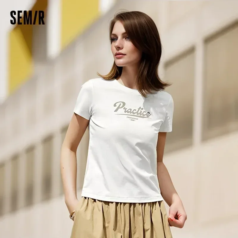 Semir Short Sleeve T-Shirt Women Positive Shoulder Slim Simple 2024 Summer New Letters Antibacterial Clothes Versatile T shirt