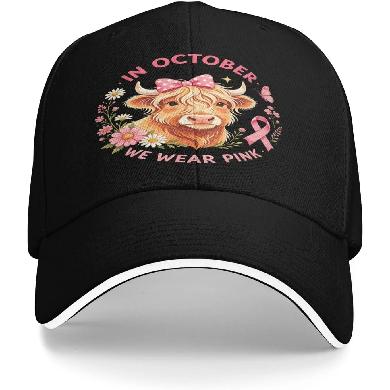 In October We Wear Pink Breast Cancer Awareness Bow Sandwich Trucker Hats | Adjustable Breathable Comfortable