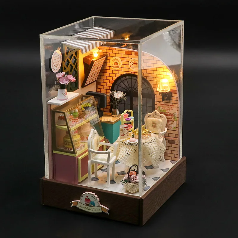 Kit de modelo en miniatura de madera DIY, estación de pastel, Casa de muñecas, rompecabezas 3D, flor, Casa de muñecas con muebles, luces para regalos de amigos