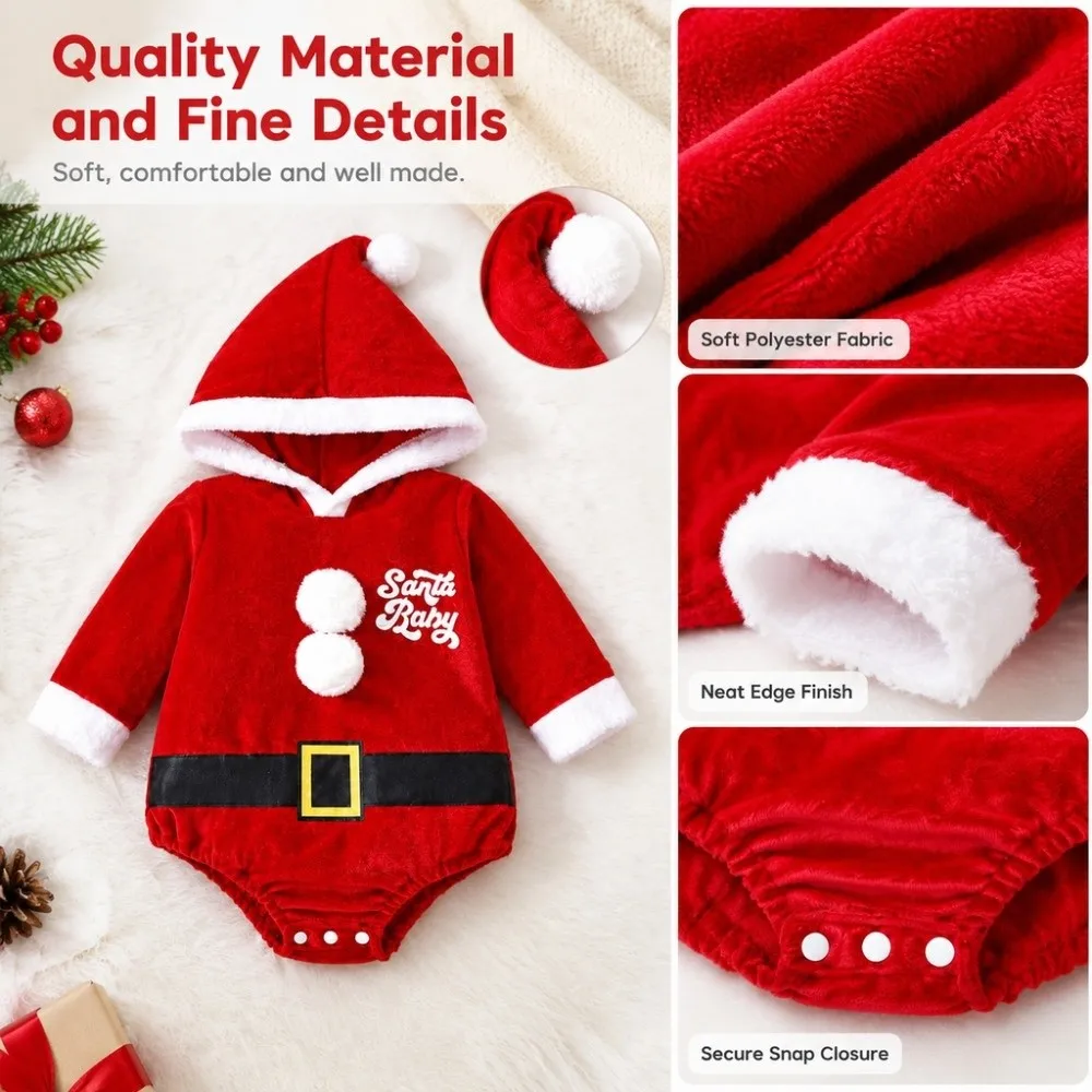Cute Velvet Santa Claus Costume Hooded Design Long Sleeve Jumpsuit Outfit with Socks Set Infant Rompers Set For Girls
