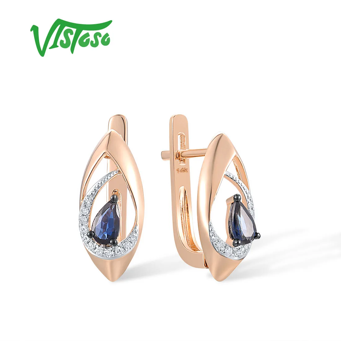 

VISTOSO Genuine 14K 585 Rose Gold Latch Back Earrings For Women Blue Sapphire Diamond Marquise Wedding Party Daily Fine Jewelry