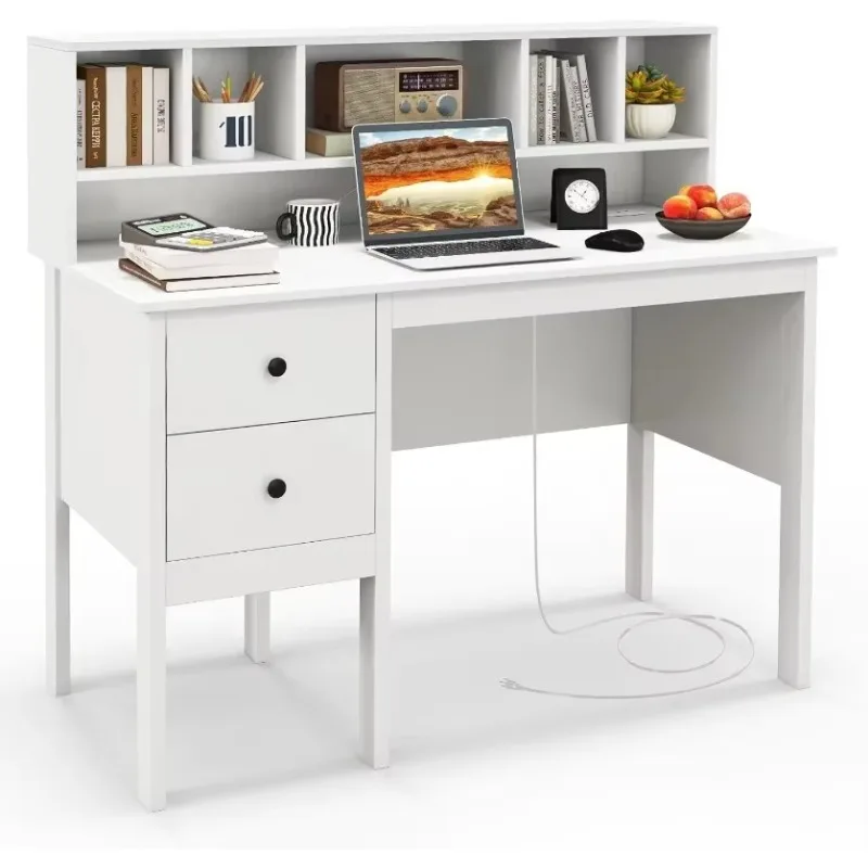 White Desk with Drawers and Power Outlet, 2 Storage File Drawers, Study Writing Table, PC Desk Workstation for Bedroom