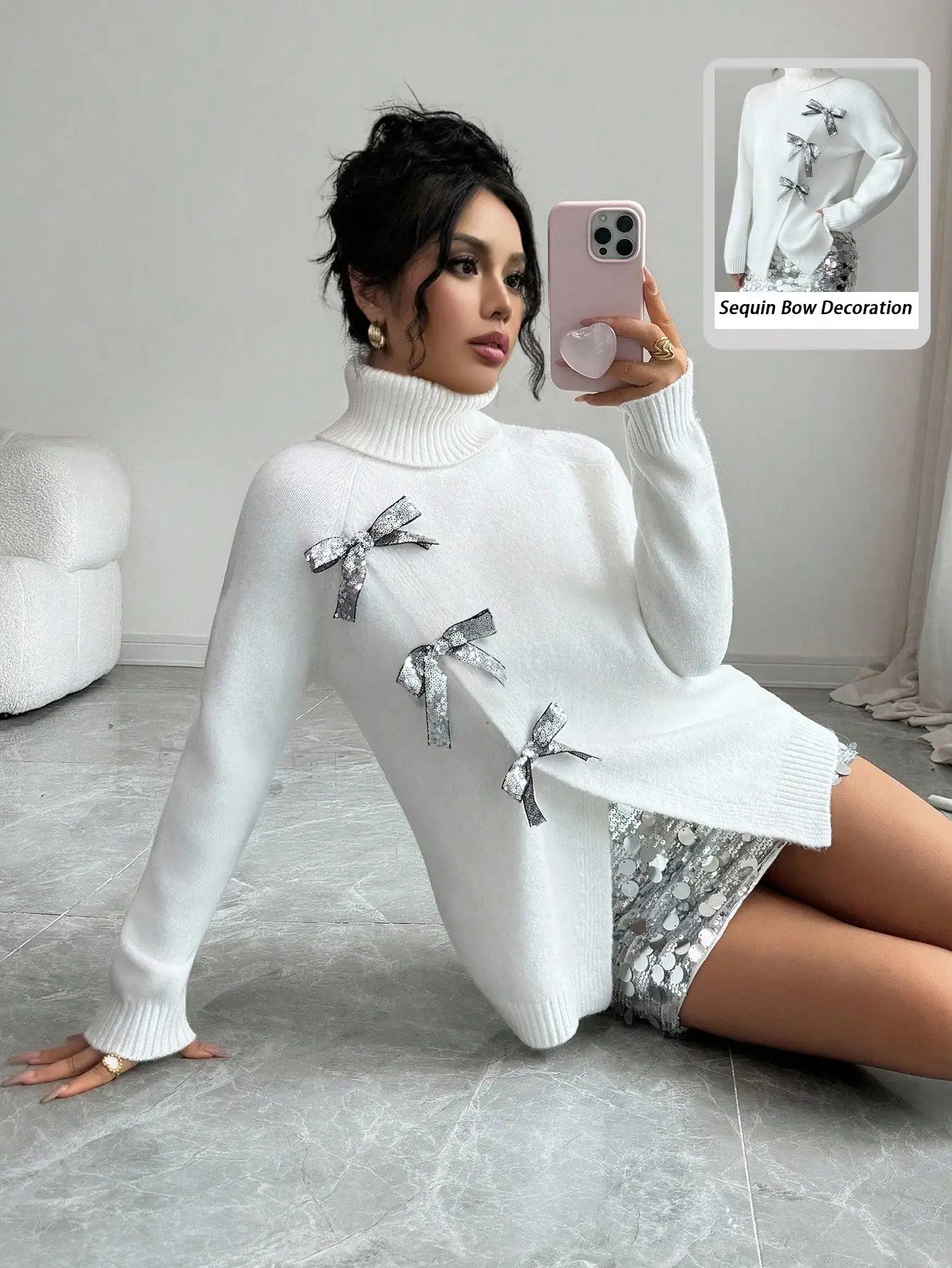 

Женский белый свитер-водолазка с пайетками и бантиками, длинный рукав, элегантная повседневная одежда для осени и зимы