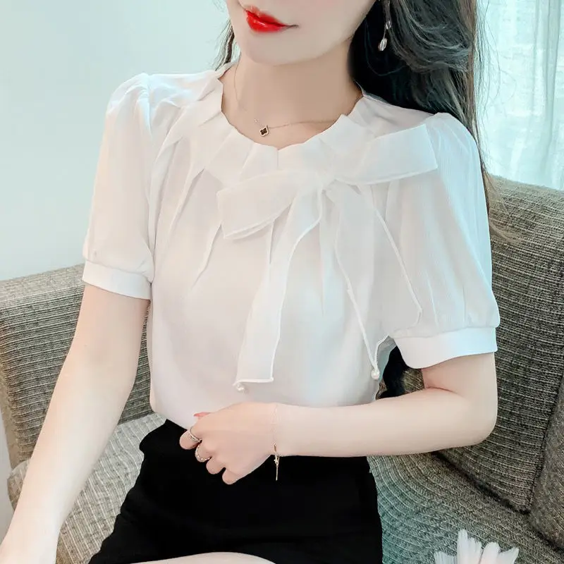 Oversized Elegant Bow Solid Color O-neck Short Sleeve Blouse Ladies All-match Lacing Chiffon Shirts Women Clothes Pleated Tops