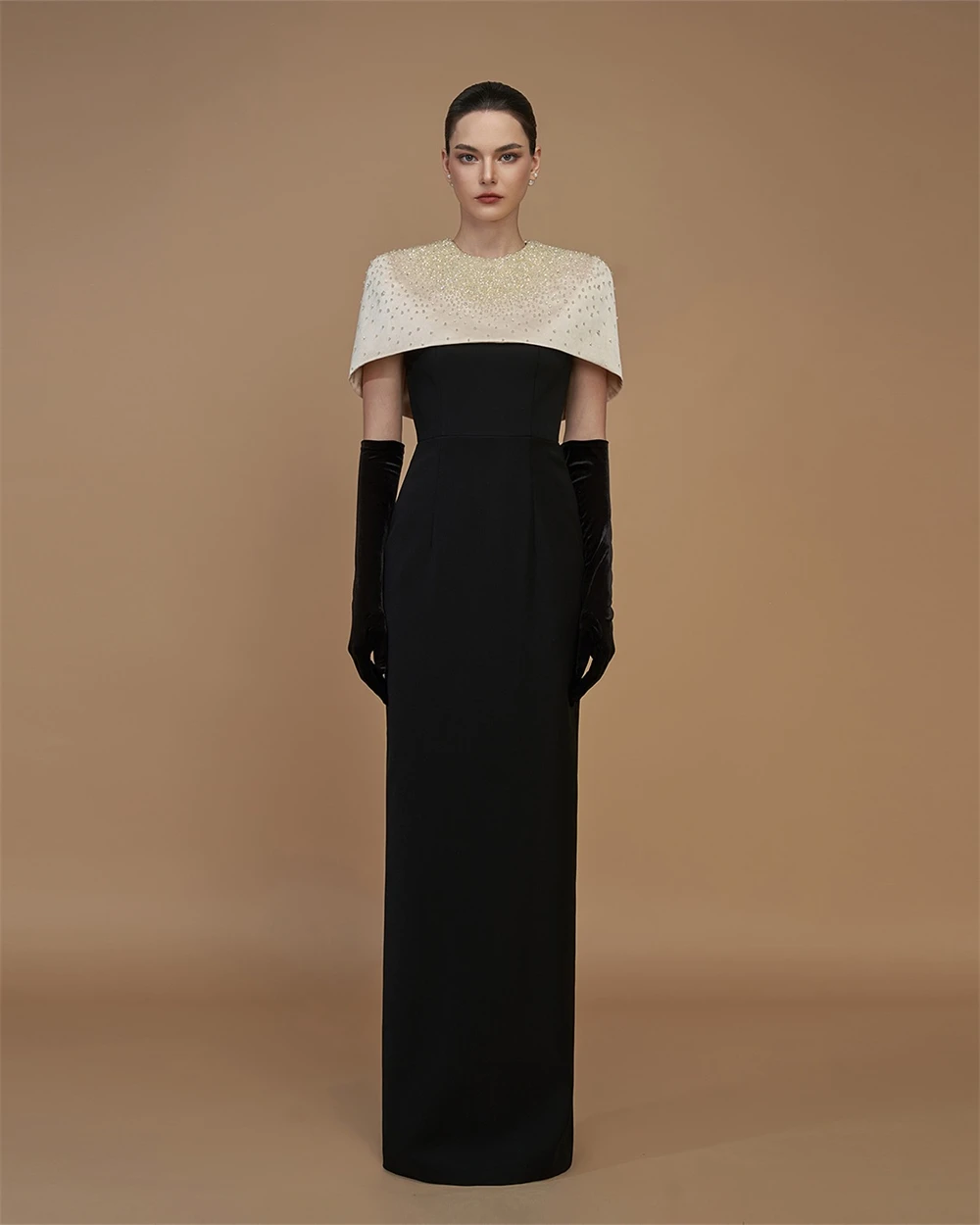 

Customized Formal Black Velour Evening Dress Fashion Crew Neck Shawl Homecoming Dresses Temperament Sweep Train Prom Dress