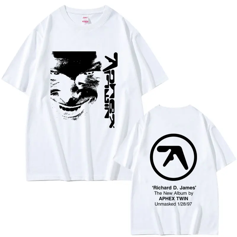Aphex التوأم الوجه الجرافيك تي شيرت ريتشارد دي جيمس ألبوم تي شيرت مطبوع الرجال النساء موضة الإلكترونية موسيقى البوب تي شيرتات قصيرة الاكمام