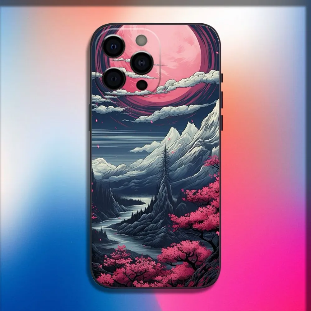 Japanese Landscape Art Elements Phone Case For iPhone 16,15,14,13,12,11,Pro,X,XS,Max,XR,Plus,Mini Soft Black Cover