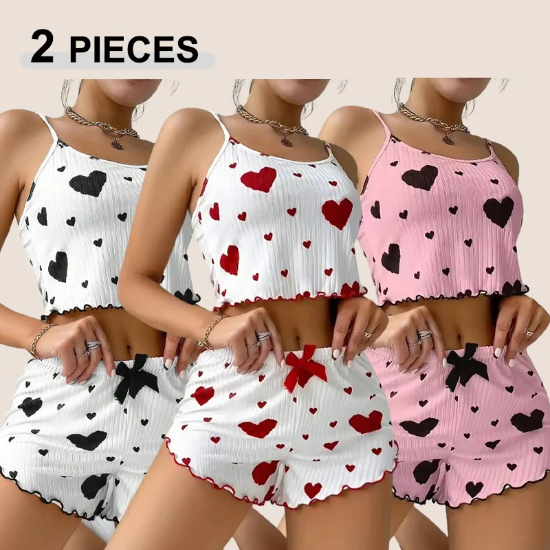 

Summer Women's Bow Pajama Set Breathable Soft Casual Love Printed Design Sweet Home Strap Sleeveless Top and Shorts Loungewear
