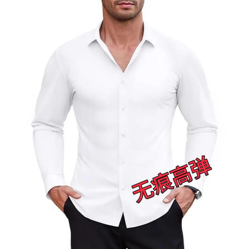 

High Elastici Men's Ice Silk Long Sve irt Thin Pure Color No Ironing Needed Extra Large Size Elastic Long Sve irt
