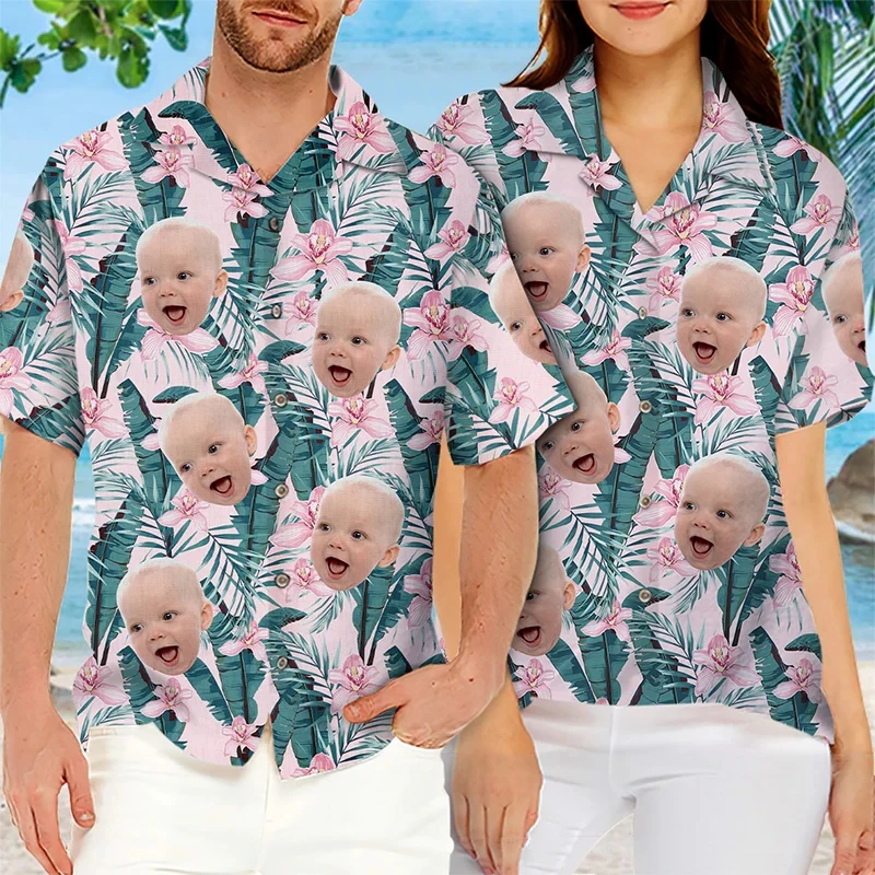 Full Print Custom Photo Hawaii Shirts Family Personalized Custom Face Unisex Hawaiian Beach Shirt Gift For Family Members