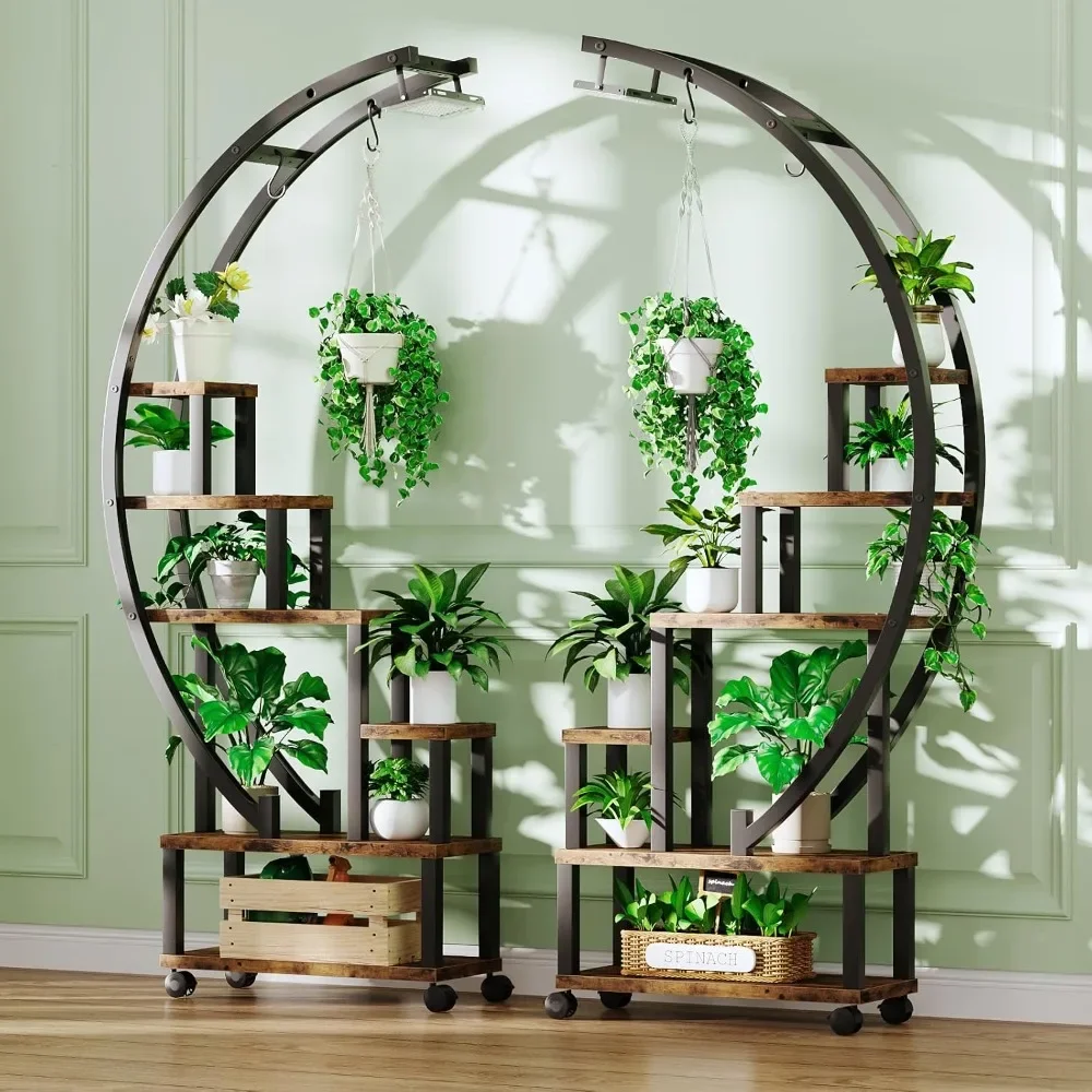 Suporte de planta de 2 pces interno com luzes de cultivo, suporte de planta de metal de 6 camadas com rodas para plantas múltiplas, suporte de planta grande