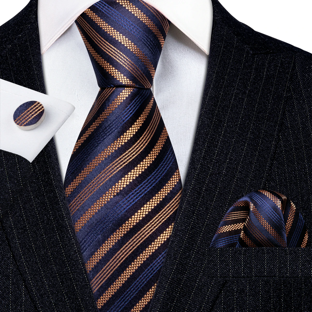 Designer Stripe Men Ties Navy Gold Retro Woven Neck-Tie Pocket Square Cufflinks Sets Wedding Gift Business Barry.Wang FA-6259