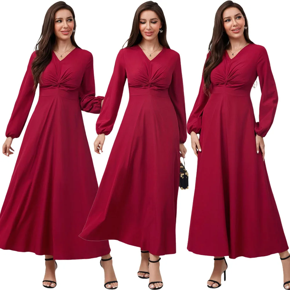 

2024 Women Spring Sundress Vintage Solid Muslim Dress Casual Abaya Marocain Turkish Robe Femme Long Sleeve Islamic Maxi Vestidos