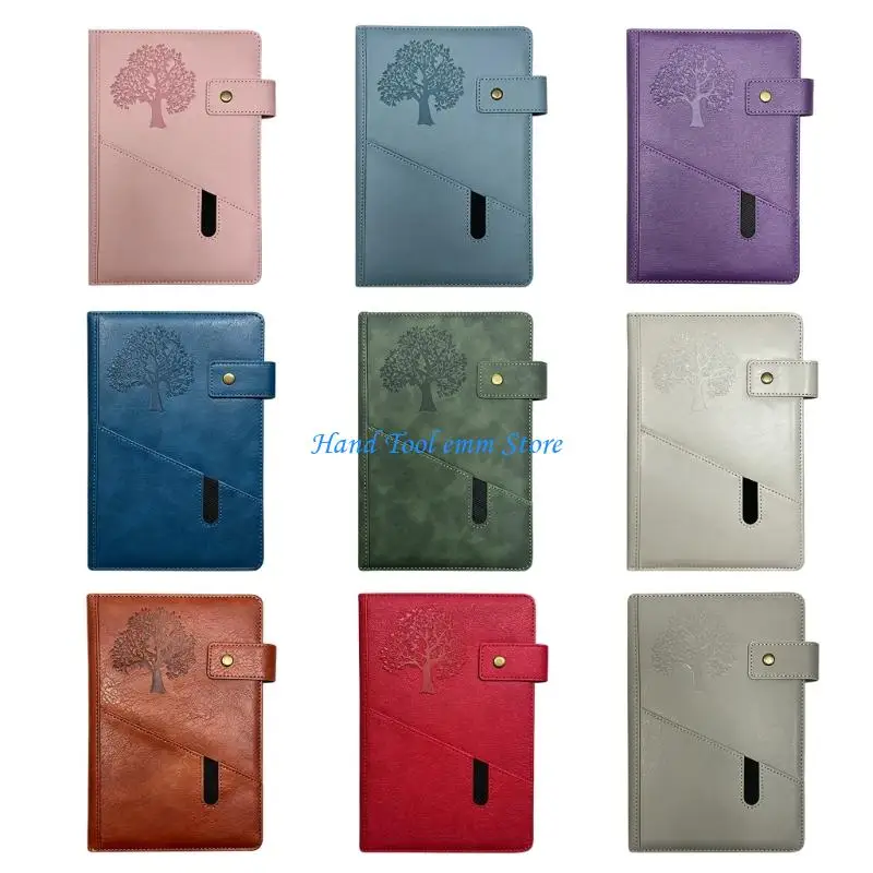 H37F Life Tree Embossed Notebook PU Leather Journal With Front Pocket And Button Closure 100 Sheets Lined for Students