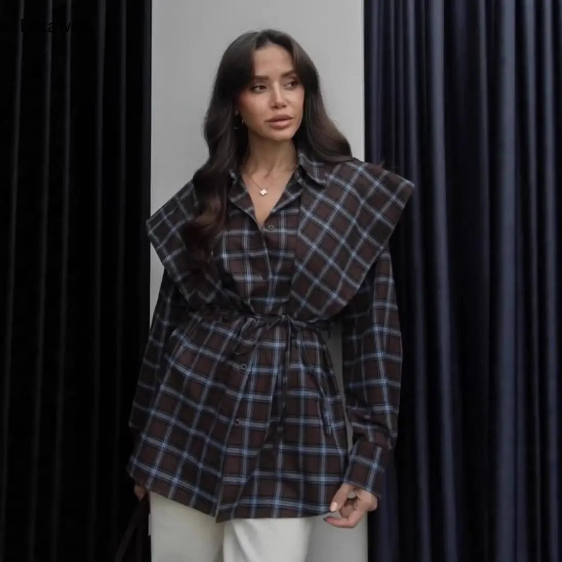 

Casual Brown Plaid Blouse Oversized Collar & Belted Waist for Women