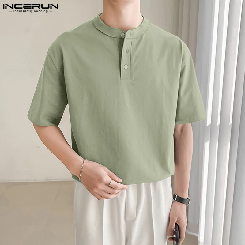 

INCERUN Men Shirt Solid Color Summer Stand Collar Short Sleeve Men Clothing Streetwear 2024 Fashion Casual Shirts S-5XL