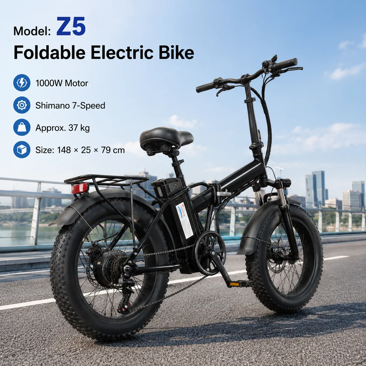 Z5 E Bike 20 Inch Folding Electric Bike 1000W Motor 48V 15Ah Battery Fat Snow Tires Disc Brakes Smart Display Commuter Bicycle