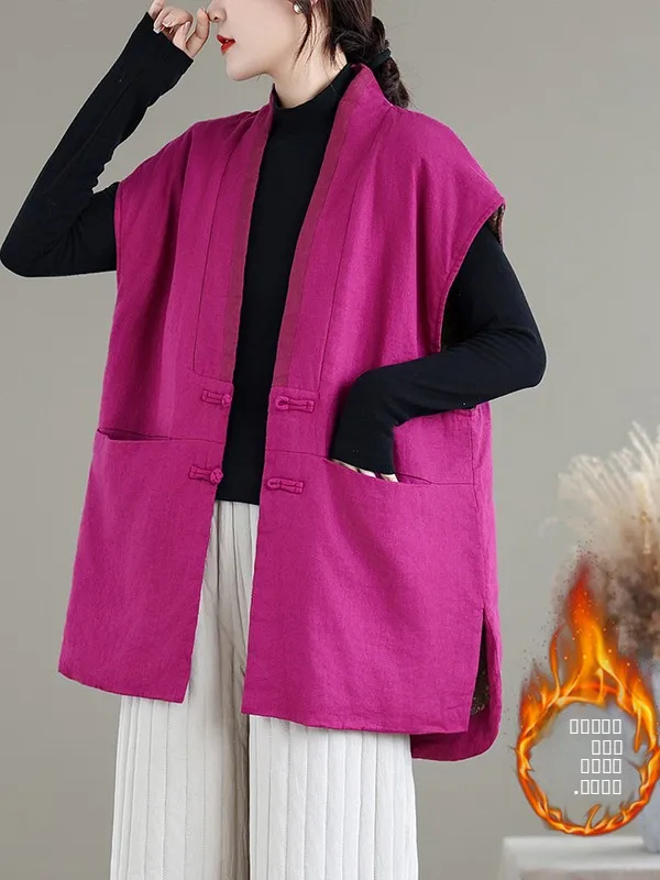 

Retro Cotton Linen Pure Color New Chinese Sle Button Front ort Vest Autumn Winter Sto Goods V-ne Single Button Fill M...