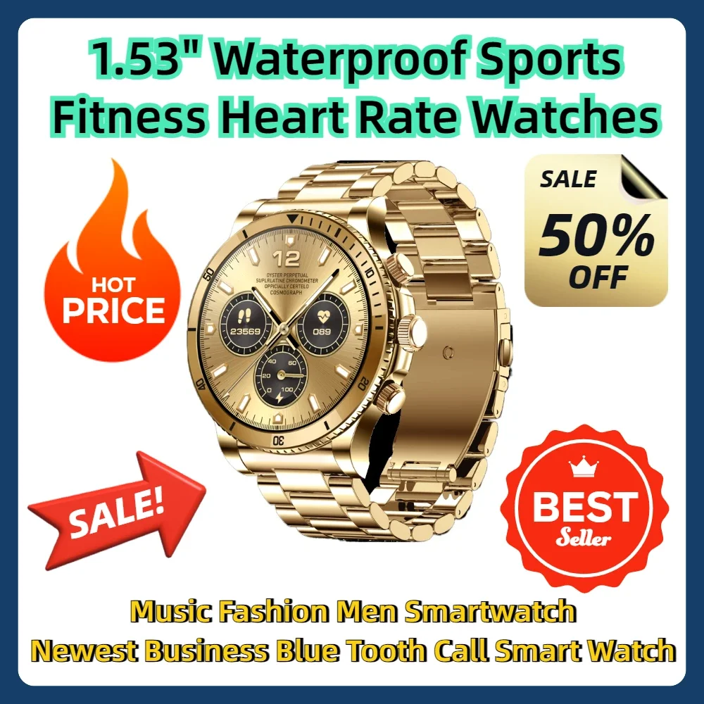 

1.53" Waterproof Sports Fitness Heart Rate Watches Music Fashion Men Smartwatch Newest Business Blue Tooth Call Smart Watch