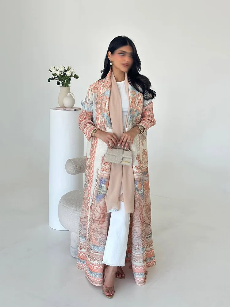 

2025 Dubai Printed Pleated Long Women Muslim Robe Large Size Muslim Pleated Casual Modest Women Wrinkled Abaya with Waist Belt