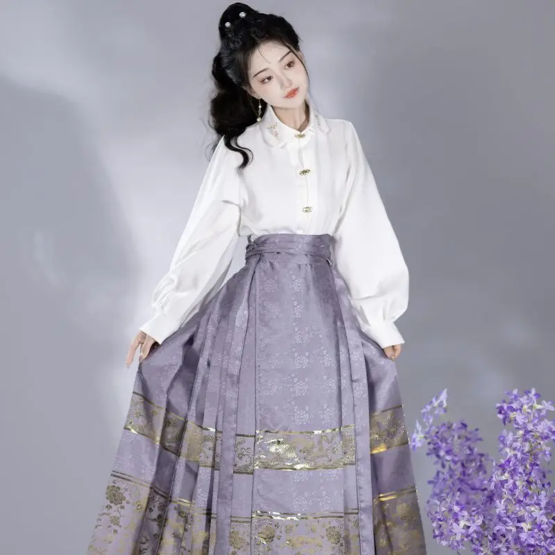 MaMian Qun falda de cara de caballo de la dinastía Ming para mujer, conjunto de vestido moderno de Hanfu antiguo tradicional chino Vintage, ropa diaria