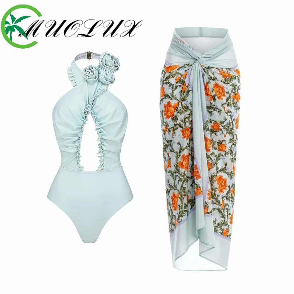 2024 New Women's One Piece Swimsuit With Skirt 3D Flower Hanging Neck Open Back Swimsuit Wrapped Skirt Set Beach Wear Bodysuit