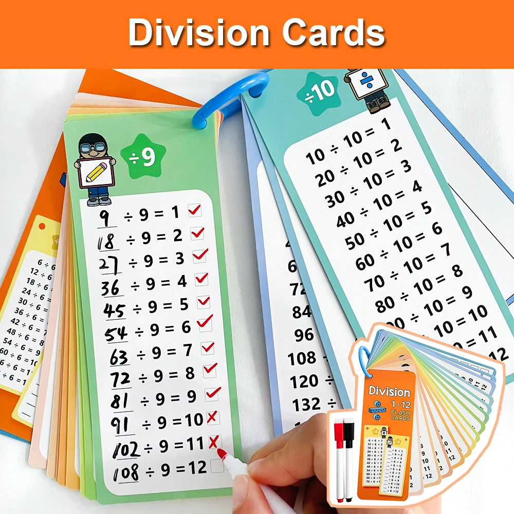 1-12 Division Facts Charts, Division Table Cards, Self Check Math Learning Tool, Montessori Mathematical Training, Teaching Aids