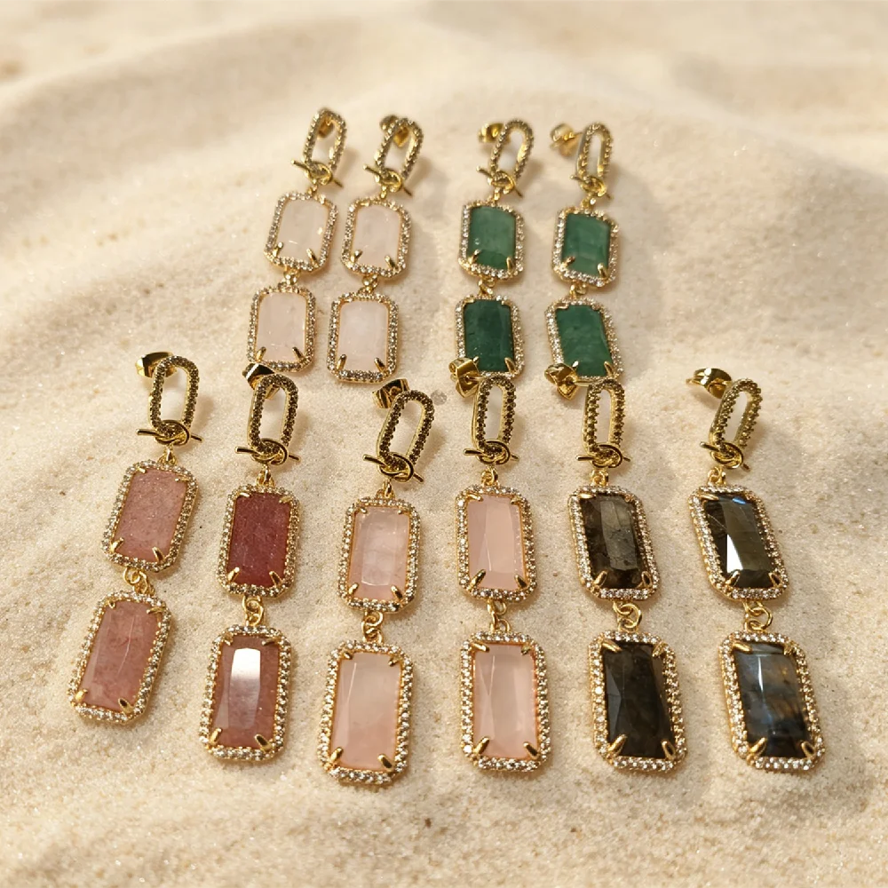 Multi Color Rectangle Natural Gemstone Drop Earrings Gold Plated Zircon Border Dangle Ear Jewelry For Women Daily Party E2R013B