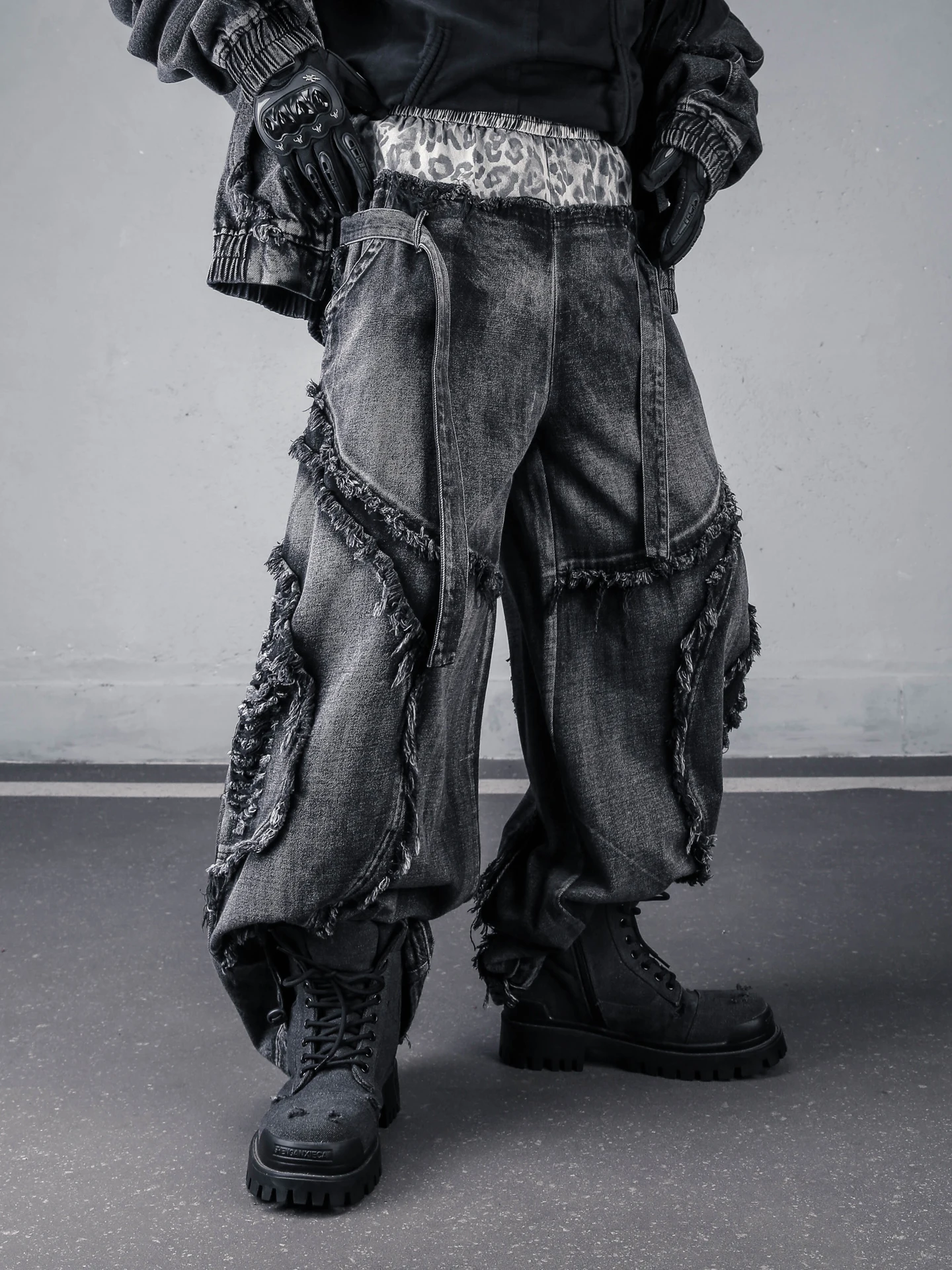 Street Dance Wide Leg Jeans Double Waist Head Floor Length Belted Patchwork Denim Pants Youth Trendy Spring Autumn Cotton