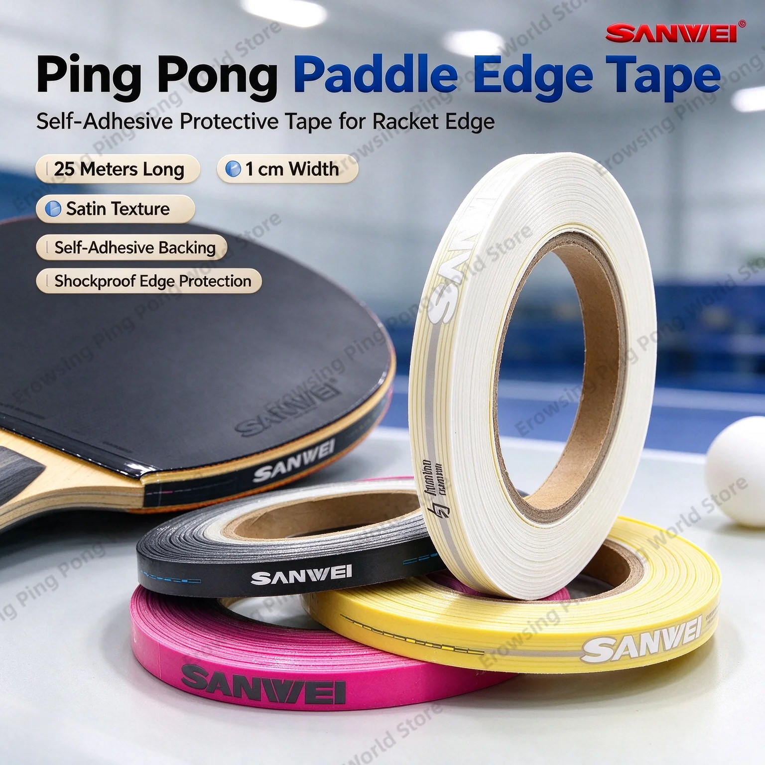 SANWEI Table Tennis Racket Edge Protection Tape Self Adhesive Silk Fabric Edge Guard 25m*1cm Width Ping Pong Bat Side Protector