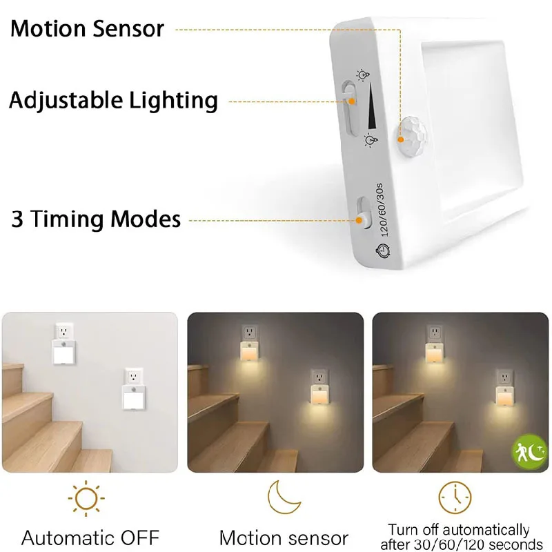 Luz Nocturna PIR con enchufe para UE, EE. UU., Reino Unido, AU, 1,6 W, 100-240V, regulable, Bombilla nocturna, Blanco cálido, 2700K, sensible al caminar