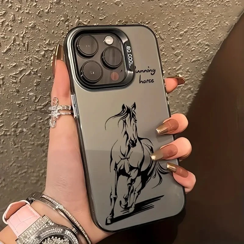 حافظة هاتف بسيطة بنمط حصان لهاتف آيفون 17 16 15 14 13 12 11 Pro/ Max/Plus غطاء خلفي مقاوم للصدمات ومضاد للبصمة