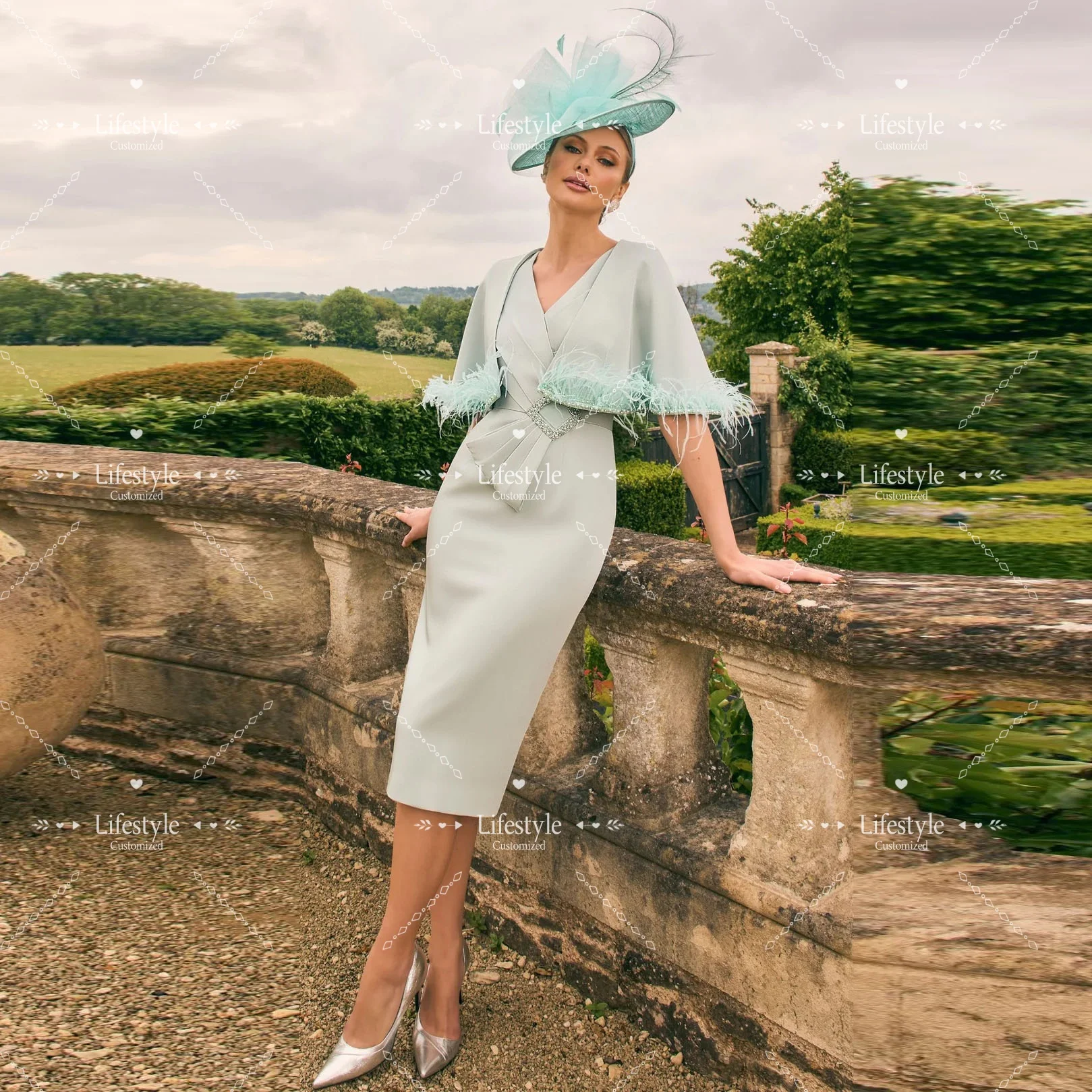 

Customized V-neck Beaded Elegant Women Evening Dresses with Feather Wrap Formal Occasion Knee Length Prom Dress Party Gown