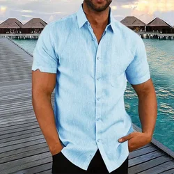 Hot Selling Katoenen Linnen Heren Korte Mouwen Shirts Zomer Lichtgewicht Effen Kleur Turn-Down Kraag Casual Strand Stijl Plus Size
