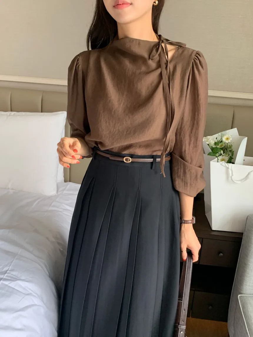 

2Color Autumn Spring 2026 Korean Chic Style Lace Up Collar Long Sleeve Shirt Female Outwear Blouse tops (CS3238)