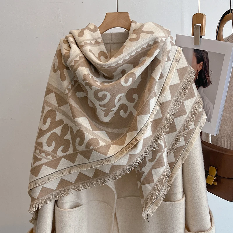 

Elegant Floral Jacquard Pashmina Shawl for Women - Winter Thick Warm Double-Sided Tassel Design Coldproof Windproof Blanket Scar