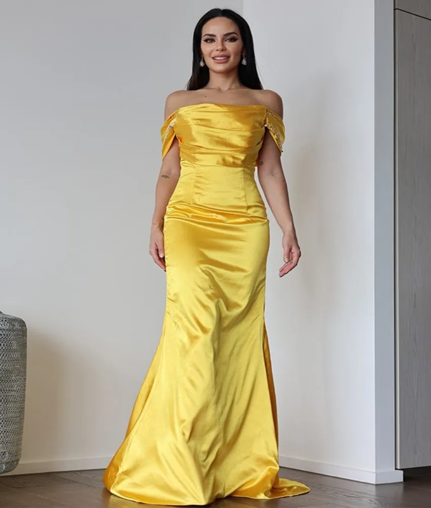 

Customized High Quality Satin Mermaid Off the Shoulder Sequined Beading Evening Dress Delicate Boat Neck Bespoke Occasion Gowns