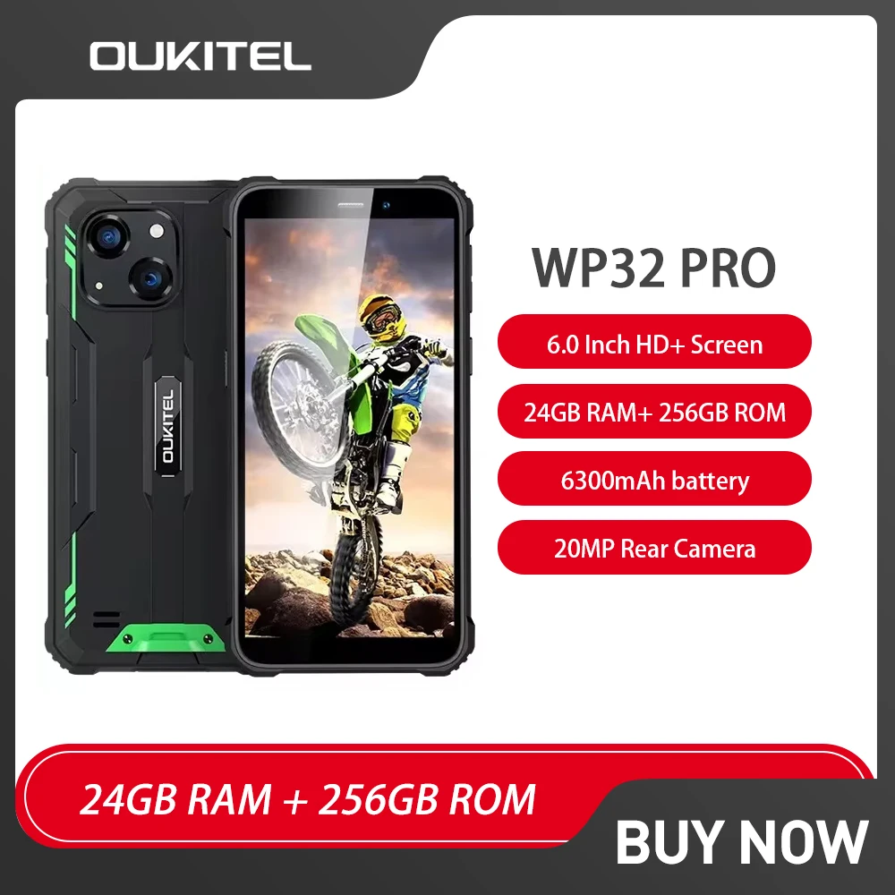 Oukitel WP32 Pro ponsel pintar berat, telepon genggam Android 14 6GB RAM + 256GB ROM 6 inci HD Octa Core 6300mAh 20MP NFC