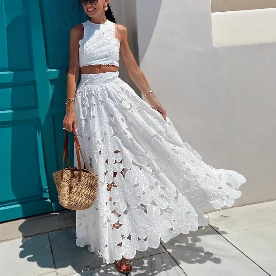 Women's White Floral Lace Embroidery 2 Piece Set Sleeveless Crop Top High Waist Long Skirt Beach Wedding Vacation Summer Outfit image 2