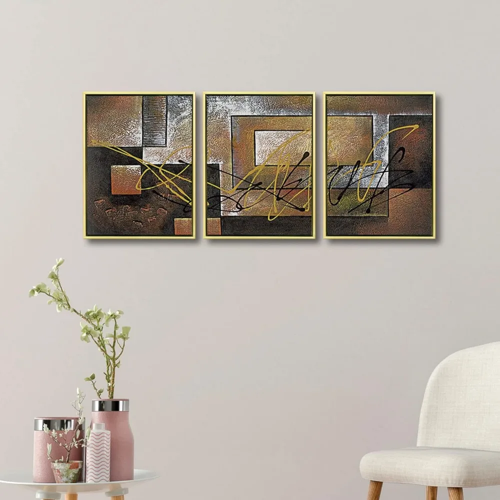 

Prints,Gold Framed Modern 3 Piece Canvas Prints ,Abstract Brown Landscapes Pictures Paintings on Canvas Wall Home Decorations