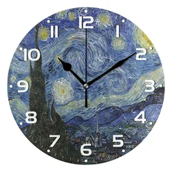 Van Gogh Oil Painting Art Round Wall Clock Silent Non-Ticking Hanging Wall Watch For Living Room Bedroom Quiet Desk Clock Decor