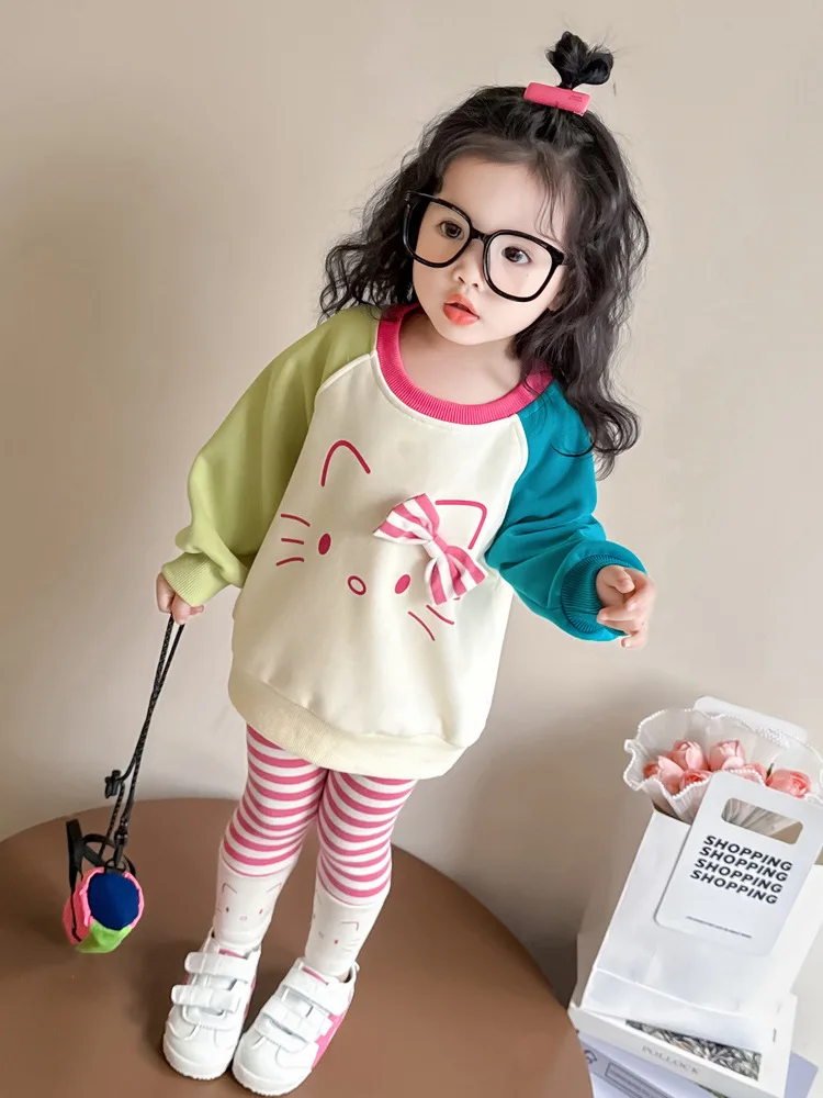 

Girls' Two-piece Long Sleeved Color Blocked HelloKitty Pullover+Pink White Striped Leggings Sweet Cute Children's Clothing
