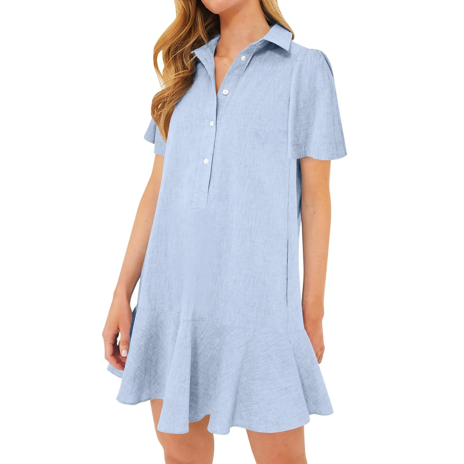 

Ladies Shirt Dress Flared Ruffle Hem Cotton Short Sleeve Half Button Lapel Dress Women Casual Summer Flowy Vintage Midi Dresses