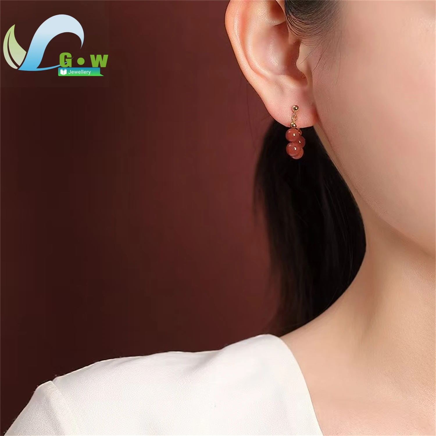 Natural South Red Agate Amber Round Bead Earrings Women Elegant Versatile Commute Minimalist Silver Drop Dangle Jewelry Charm