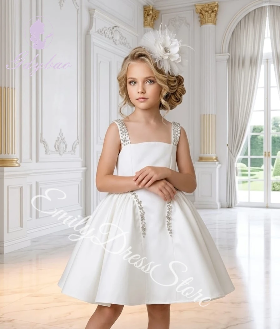 Customized Ivory Flower Girl Dress For Wedding Sleeves Mini Puffy Knee Length Beaded Kids Birthday Party First Communion Gown