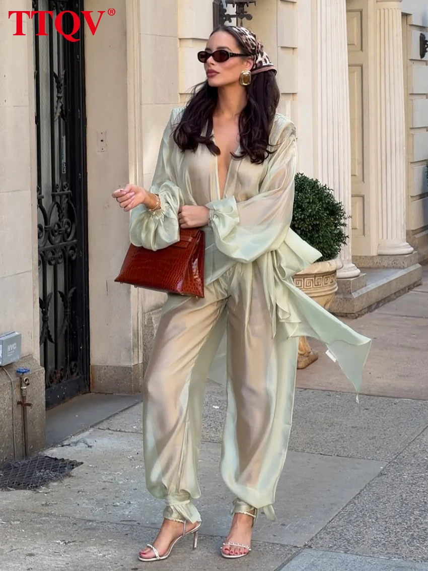 TTQV Sexy Loose Green Trousers Sets Woman 3 Pieces 2027 Fashion Long Sleeve Shirt + Girdle With High Waist Pants Set Female