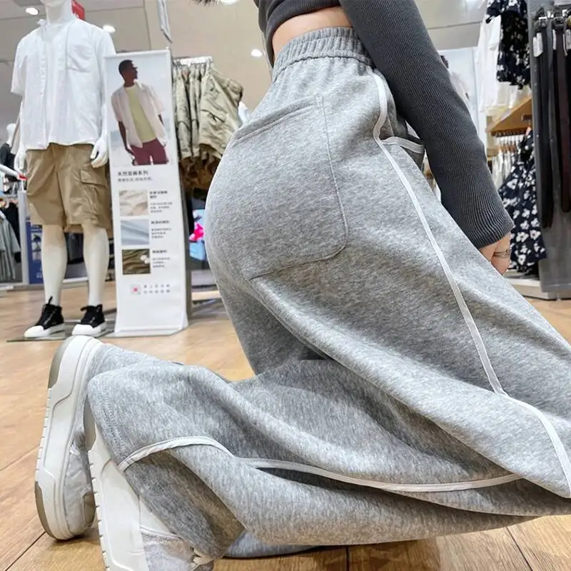 Mode Streifen Breite Bein Jogginghose Für Frauen Herbst Winter Elastische Taille Gerade Hosen Lose Dünne Alle Spiel Casual Hose