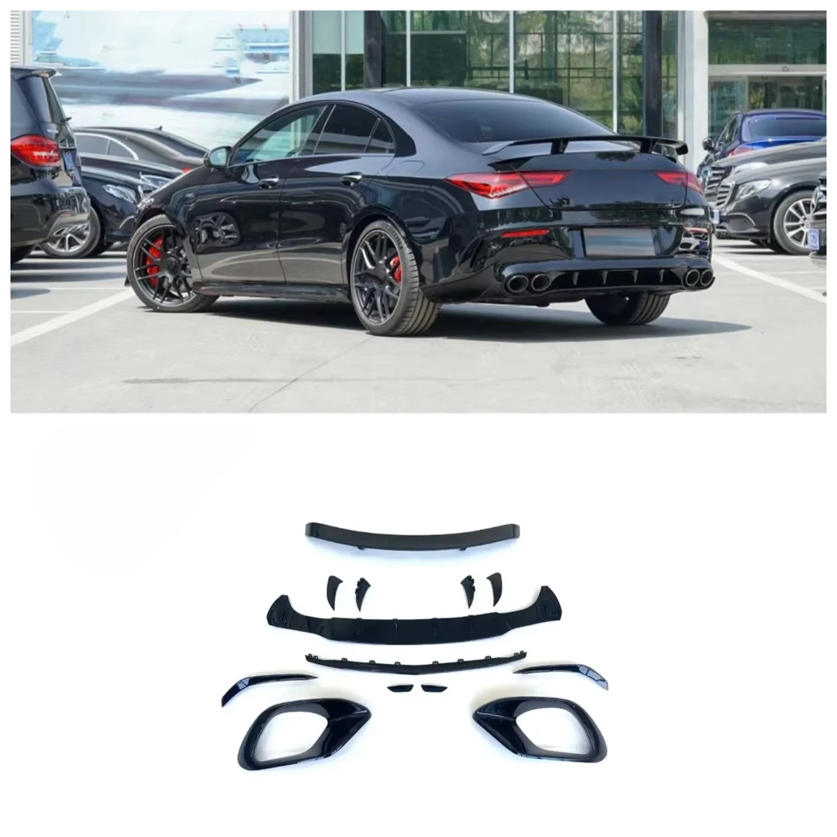 

CLA45S Style Rear Diffuser Vents Front Lip Aero Kit Gloss Black for CLA Class Real CLA45 2019-2023
