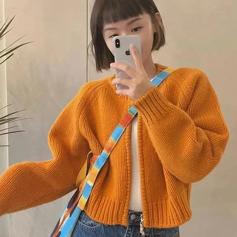 GETADME Women Short Sweater Jacket Women Zipper Cropped Cardigan Spring Autumn Loose Casual Knitwear Coat Long Sleeve Female Outerwear